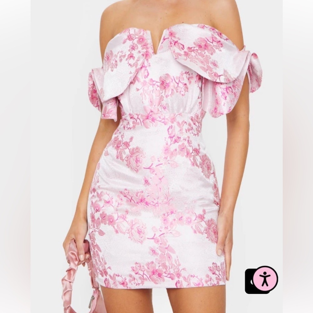 Pink and white floral off the shoulder mini dress